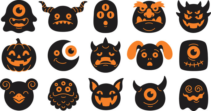 Collection of halloween monster vector icons and jackolanterns on a white background for spooky season designs
