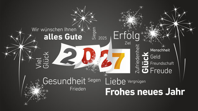 Happy New Year 2027 eve white German word cloud text with black red yellow 2027 calendar pages and light sparkle firework black background vector