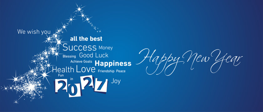 Happy New Year 2027 white negative space numbers abstract stars shaped christmas tree wordcloud text white blue background vector greeting card