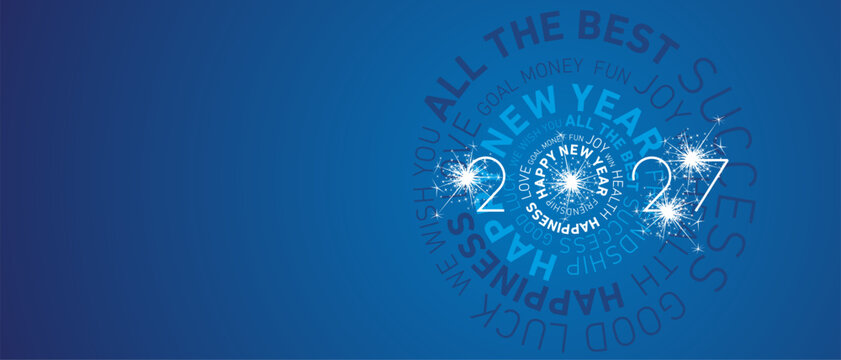 2027 Happy New Year modern circle word cloud text with sparkle firework white blue greeting card