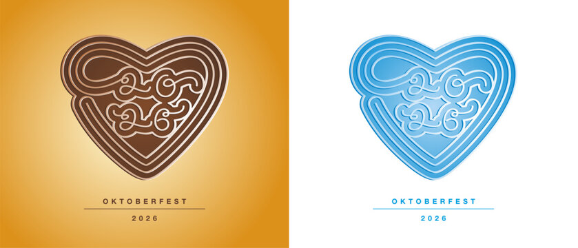Oktoberfest 2026 beer festival handwritten 3d heart logo icon with the year 2026 in the shape of a pretzel on a orange and white background