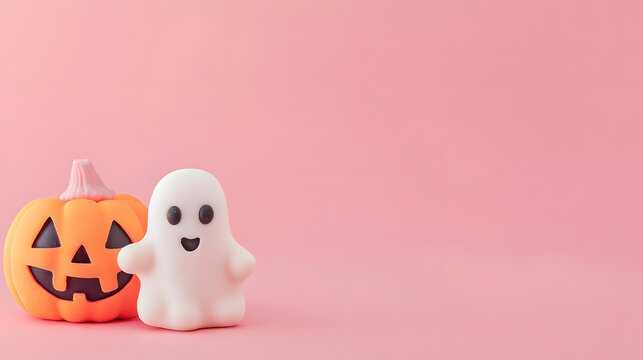 A Halloween pumpkin and a ghost made of play dough against a pink background
