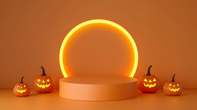 A round orange podium surrounds Halloween pumpkins on a glowing sphere against an orange background
