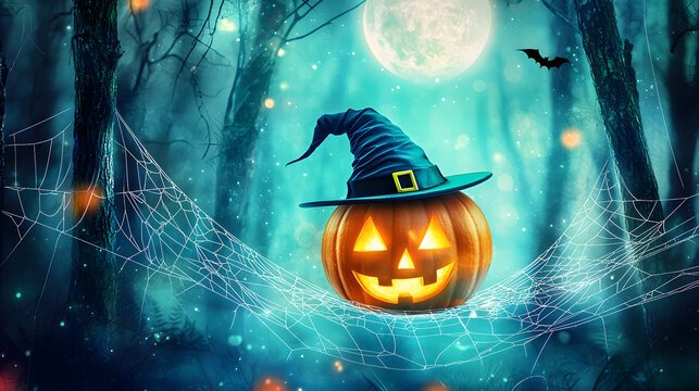 Halloween pumpkin wearing a witch hat resting on a giant spider web stretched between forest trees beneath a mysterious night sky, spooky woodland and seasonal celebration concept