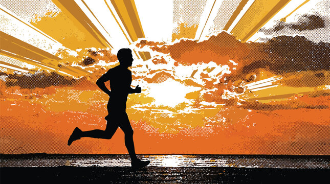 Silhouette of a male runner exercising outdoors at sunset created as a vibrant vector graphic illustration
