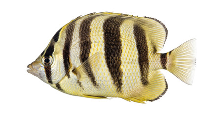 Distinctive banded fish with yellow and dark stripes swimming in clear water © Sapphire