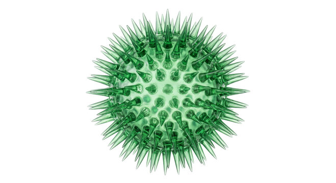 Abstract green spiky sphere resembling a virus or microbe on a white background
