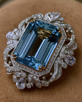 Exquisite Aquamarine Brooch: A magnificent rectangular aquamarine gemstone is intricately set within a detailed platinum and diamond encrusted frame, showcasing unparalleled craftsmanship and luxury.
