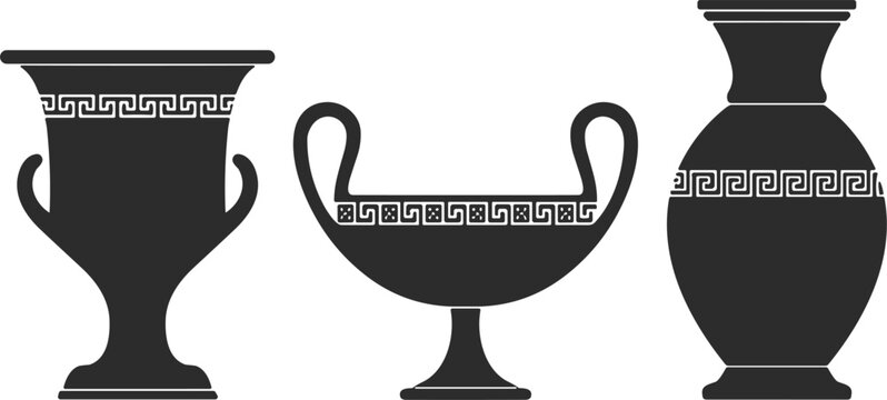 Ancient Greek black pottery vases silhouettes set with traditional geometric meander key pattern ornaments historic vector design