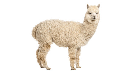 Naklejka premium A fluffy white alpaca stands elegantly against a stark black background