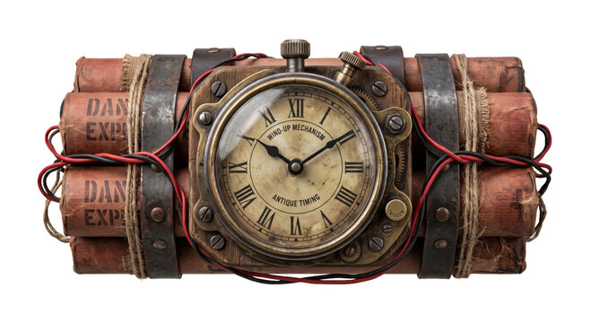 Steampunk dynamite bomb with antique clock timer and exposed wires