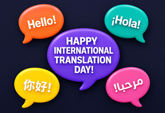 Colorful speech bubbles with greetings in different languages for international translation day celebration