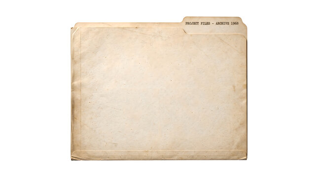 Vintage manila file folder labeled project files archive 1968 with aged paper texture and worn edges isolated on a white background, for office document, storage and organization
