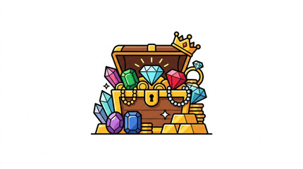 Open treasure chest filled with colorful gems and gold crown. © yuzong