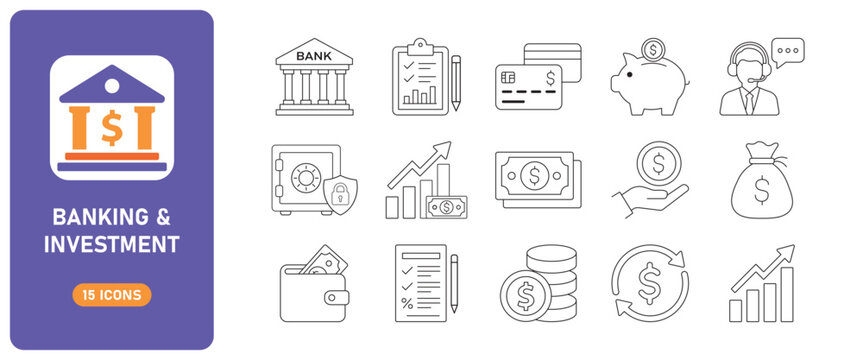 Set of Banking and Investment Line Icons for Financial Services, Money Management and Digital Payments