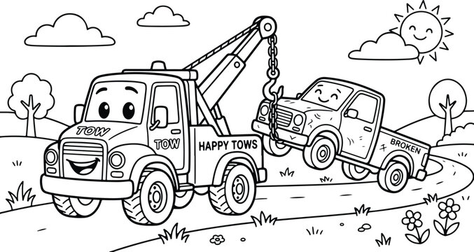 Cartoon tow truck lifting a pickup truck for towing