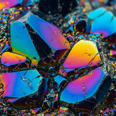 Obraz premium Mesmerizing close-up of iridescent mineral crystals, showcasing a dazzling spectrum of rainbow colors and intricate geometric patterns on a rough geological surface, a natural abstract beauty