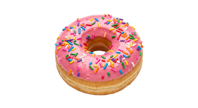 Sweet pink frosted donut with colorful sprinkles on a white background