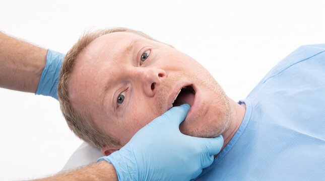 Male Patient with Lockjaw or TMJ Disorder Symptoms on White Clean Background with Copy space