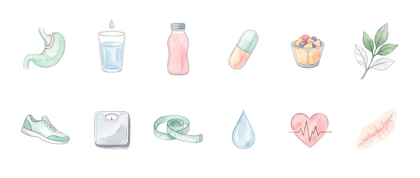 Bariatric surgery watercolor icon set for gastric sleeve weight loss, bypass recovery, healthy diet nutrition, exercise, measuring tape, stomach care, and healing icons isolated on white background.