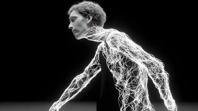 emerging from a cloud of light particles in a dark void, transformation and creation concept