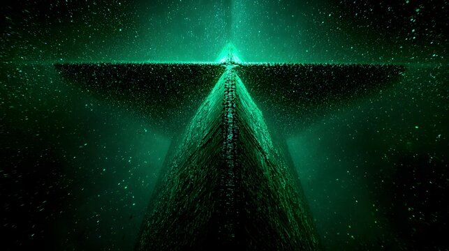 emerging from a cloud of light particles in a dark void, transformation and creation concept