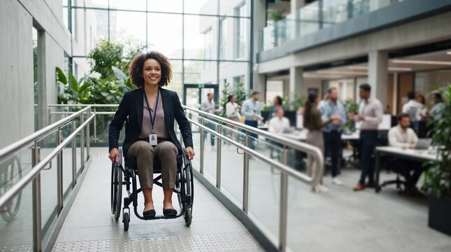Businesswoman in wheelchair at office. Professional person with disability in workplace.