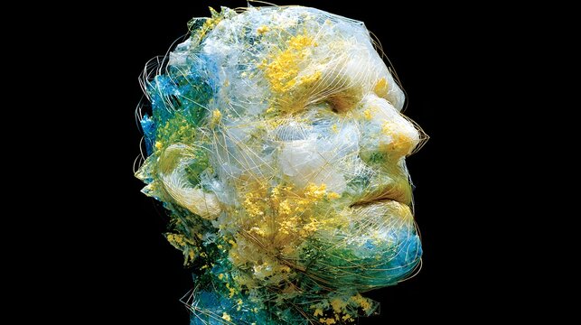 abstract face dissolving into particles and light fragments, transformation concept, vibrant colors