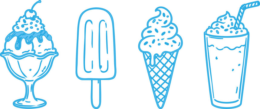 Set of four blue line art icons of ice cream sundae popsicle soft serve cone and milkshake isolated on white background Vector