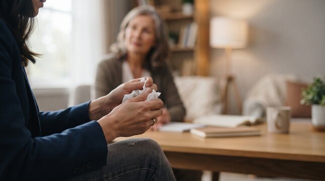 Anxious woman holding tissue in therapy. Stressed patient talking to counselor in office.