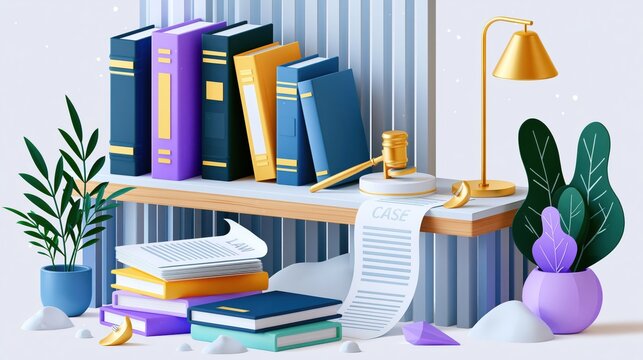 Legal concept with gavel and law books on shelf during daytime with bright lighting and clean background for commercial use