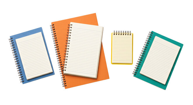 Collection of colorful spiral-bound notebooks for writing and planning