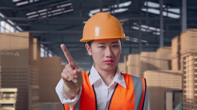 Close Up Of Asian Female Engineer With Safety Helmet Disapproving With No Index Finger Sign While Standing with Stacked Wooden Pallets