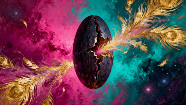 Oil painting of an abstract seed pod bursting in space, a dark central oval cracking open to release plumes of magenta, teal, and gold, intricate feathery brushwork for the escaping energy, dense core