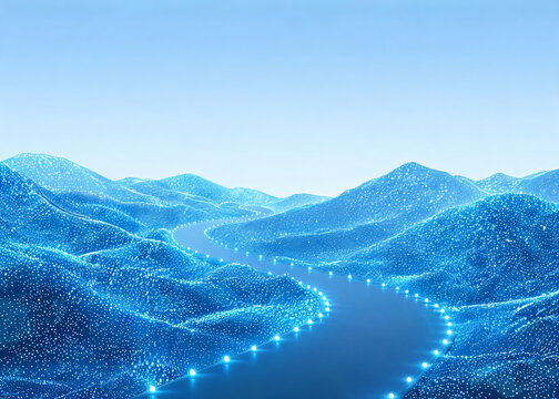 A futuristic digital landscape featuring a glowing particle river winding through stylized mountain ranges, representing data flow and technology.