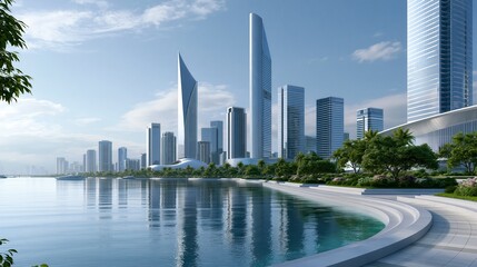 Fototapeta premium Modern cityscape with sleek skyscrapers reflecting in calm water during daylight with lush greenery