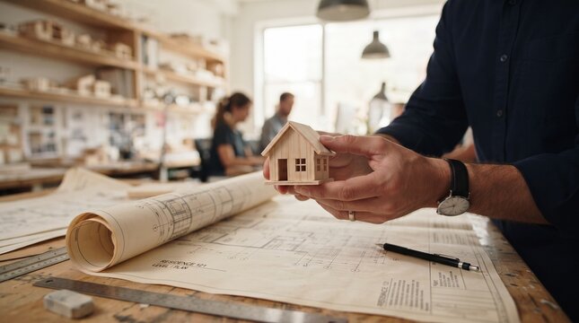 Architect reviewing miniature house model on wooden desk. Professional designer analyzing residential blueprint with scale prototype.
