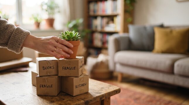 Hand placing plant on cardboard boxes. Sustainable packaging and eco friendly delivery concept.