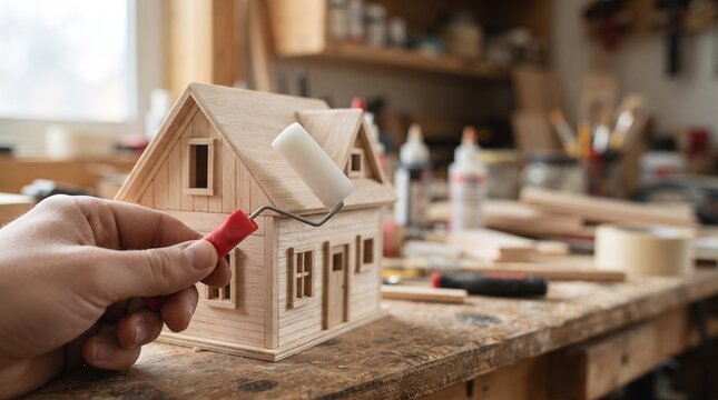 Hand painting a wooden house model. DIY home renovation project with a small paint roller.