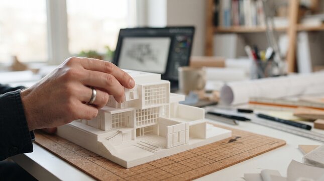 Architect adjusting 3D printed house model. Designer working on modern building prototype.