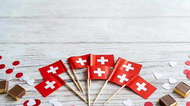 Festive Switzerland flag arrangement for Swiss National Day and independence day celebration decor with Swiss chocolate on white wooden background