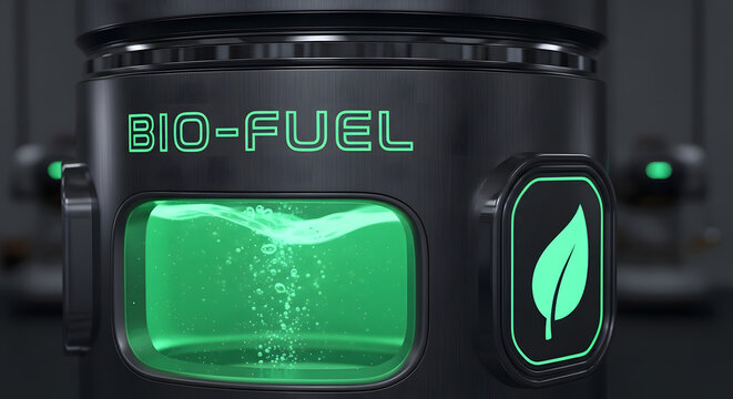 Futuristic Biofuel Canister with Glowing Green Liquid and Eco Leaf Icon, 3D Render Concept
