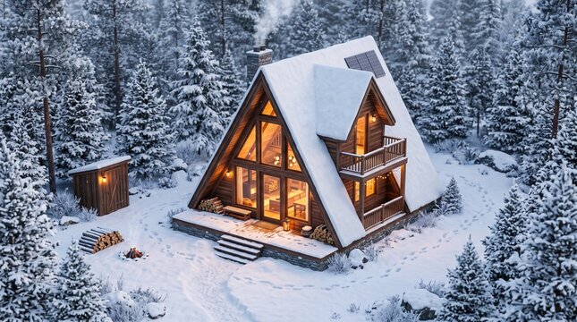 Cozy A-frame cabin in snowy forest. Modern wooden chalet house during winter season.