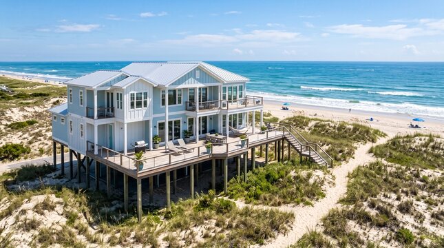 Modern beach house on stilts. Luxury coastal villa with ocean view and wooden deck.