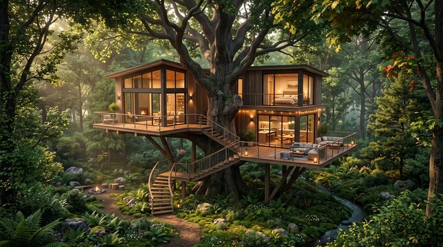 Modern luxury treehouse in a lush forest. Eco-friendly cabin architecture in nature.