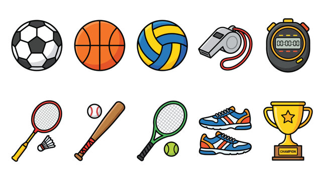 School Sports Equipment Icon Set with Soccer Basketball Volleyball and Trophy