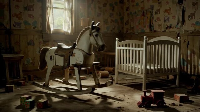 Abandoned Vintage Nursery with Rocking Horse, Empty Crib and Scattered Toys