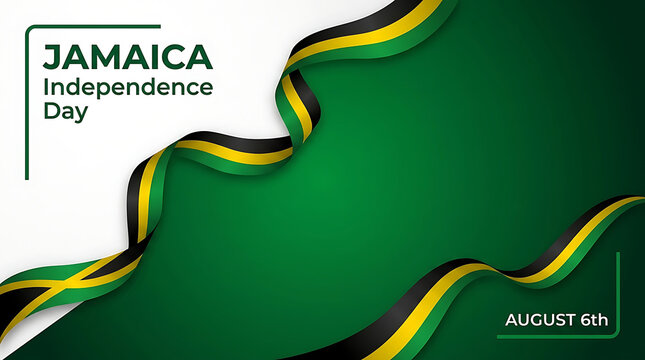 Green background Celebrating Jamaica Independence Day on August 6th with a patriotic Jamaican flag ribbon for a national celebration and festive