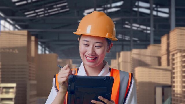 Close Up Of Asian Female Engineer With Safety Helmet Taking Note On The Tablet And Looking Around While Standing with Stacked Wooden Pallets