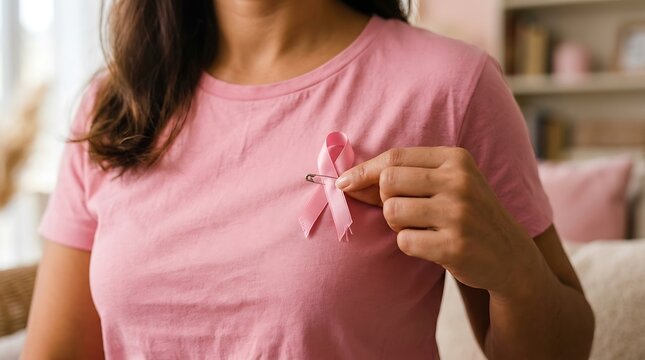Woman wearing a pink shirt with a ribbon to support breast cancer day awareness and health campaign